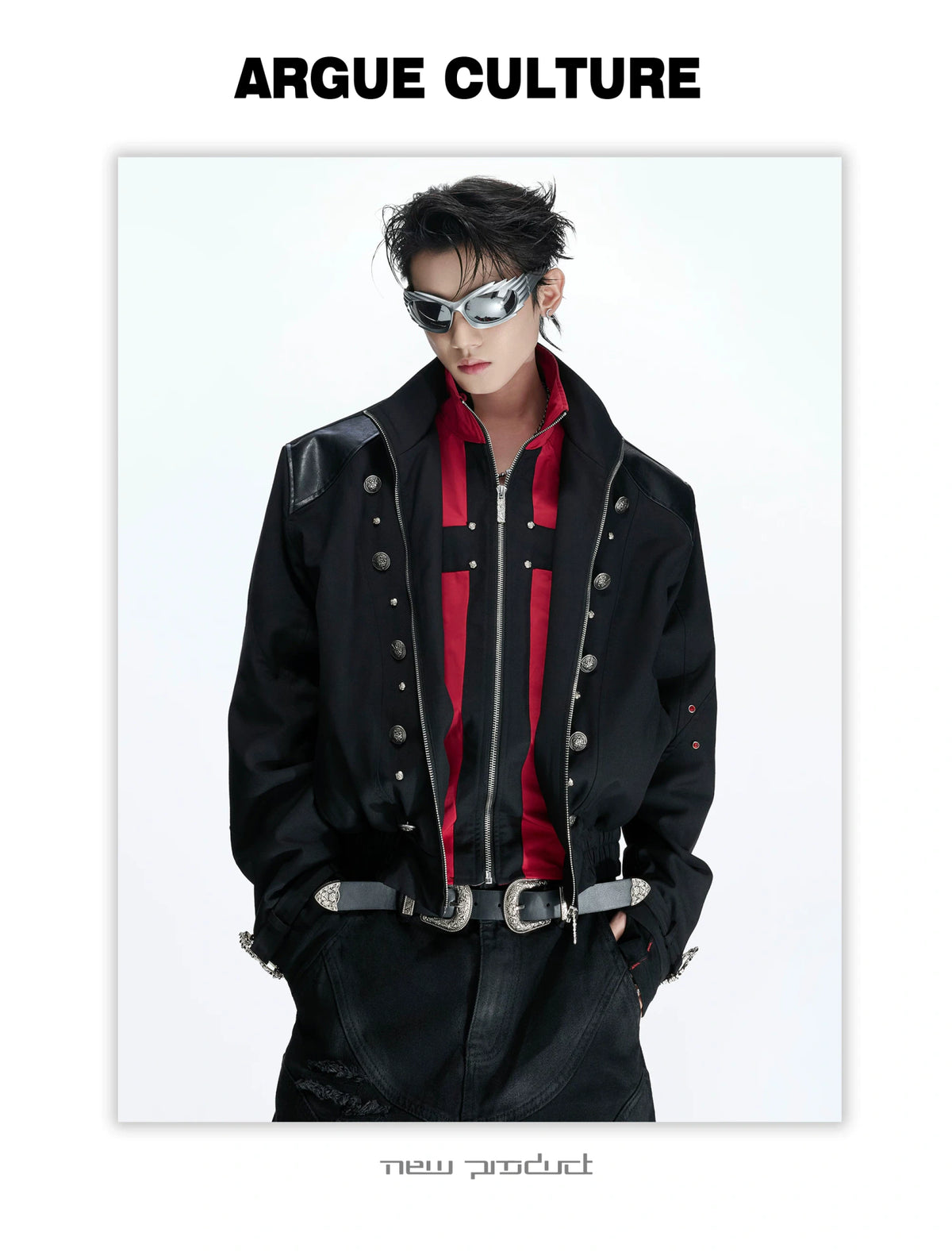 Black-Red Cross Boxy Cropped Stand-Collar Street Jacket - detail image 9