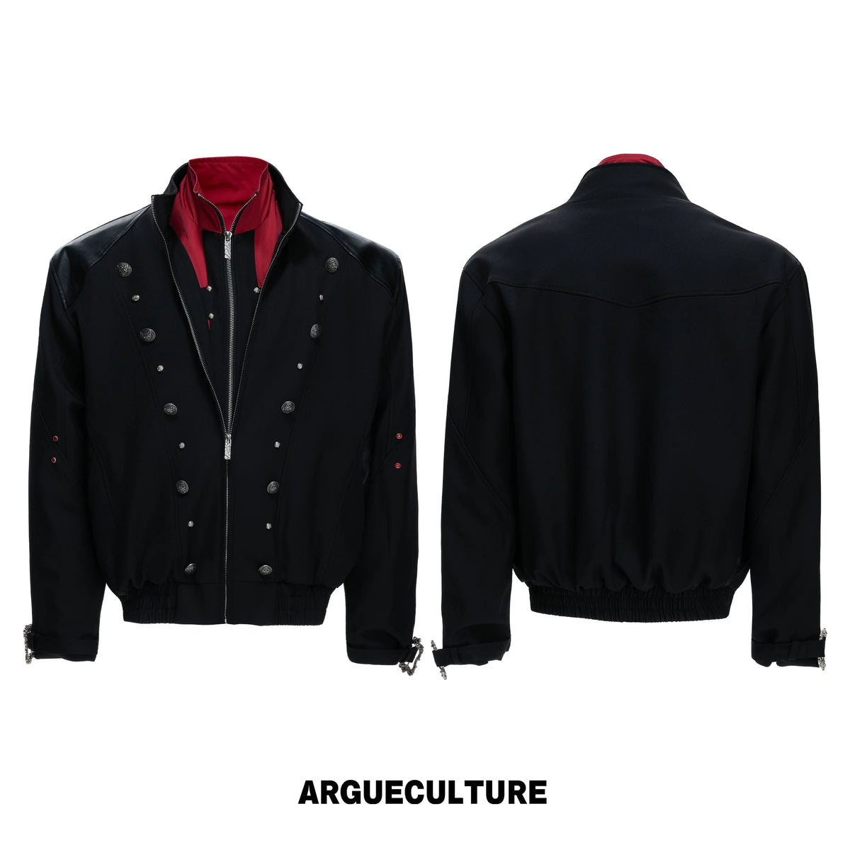 Black-Red Cross Boxy Cropped Stand-Collar Street Jacket - Black
