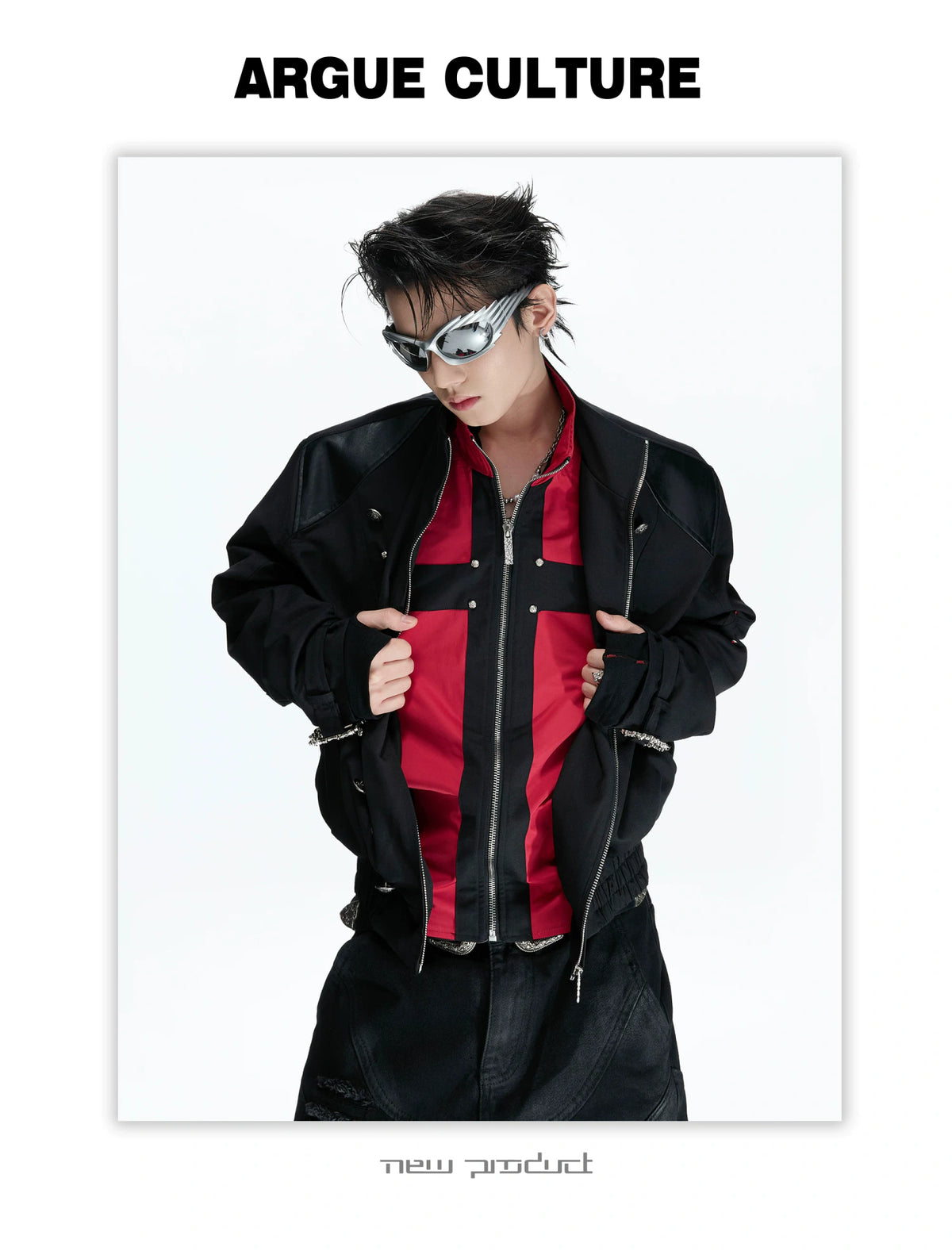 Black-Red Cross Boxy Cropped Stand-Collar Street Jacket - detail image 12