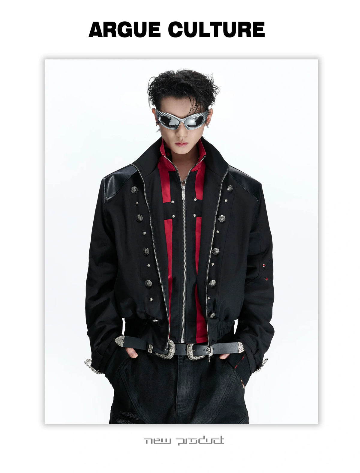 Black-Red Cross Boxy Cropped Stand-Collar Street Jacket - detail image 14