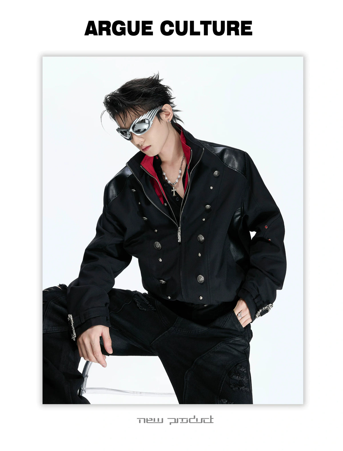 Black-Red Cross Boxy Cropped Stand-Collar Street Jacket - detail image 6