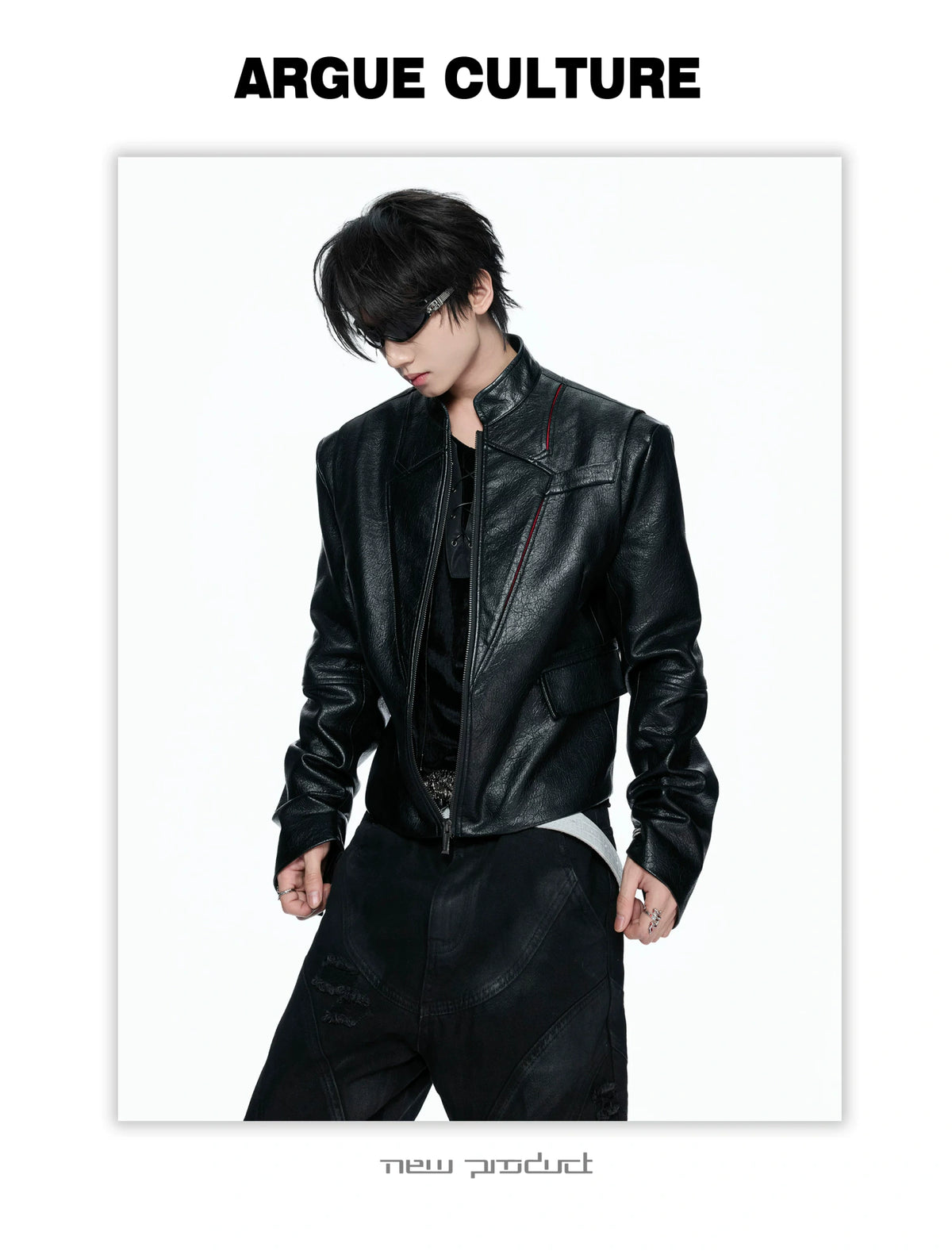 Black-Red Deconstructed Skull PU Stand-Collar Jacket - detail image 6