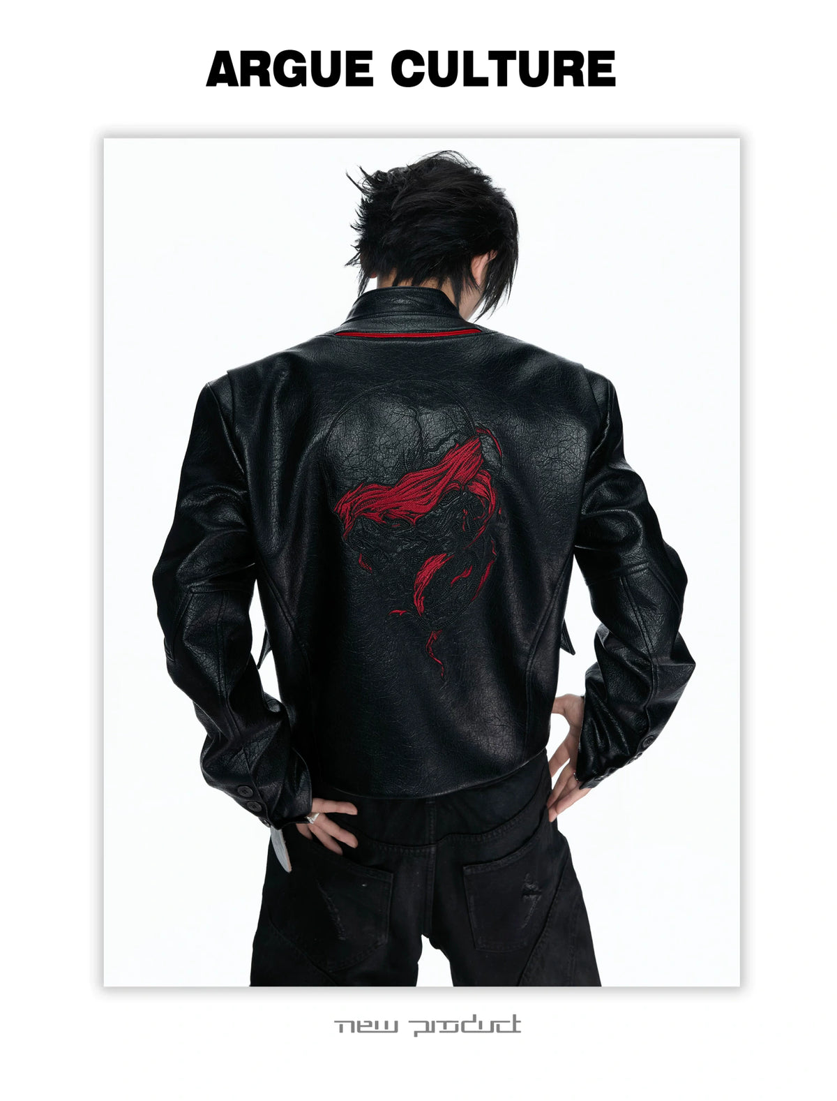 Black-Red Deconstructed Skull PU Stand-Collar Jacket - detail image 17