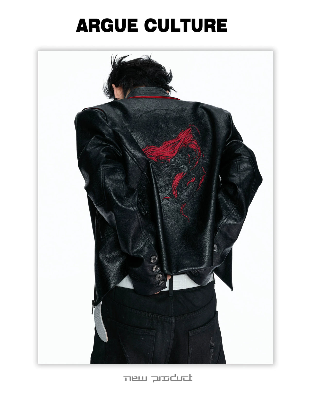 Black-Red Deconstructed Skull PU Stand-Collar Jacket - detail image 13