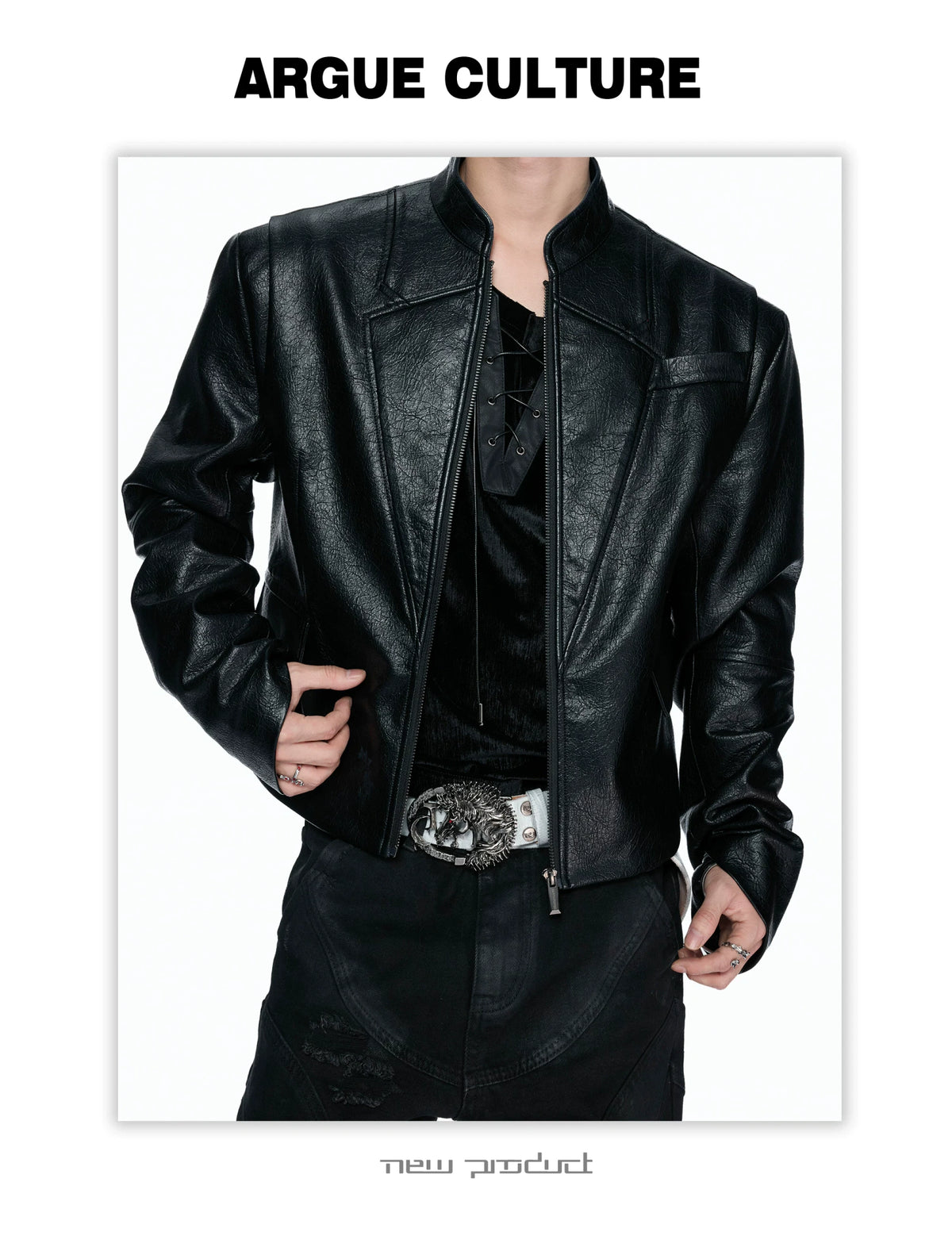 Black-Red Deconstructed Skull PU Stand-Collar Jacket - detail image 15