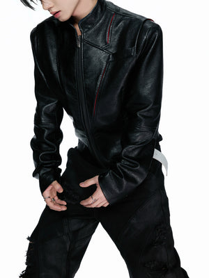 Black-Red Deconstructed Skull PU Stand-Collar Jacket - main image 5