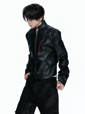 Black-Red Deconstructed Skull PU Stand-Collar Jacket - main image 4