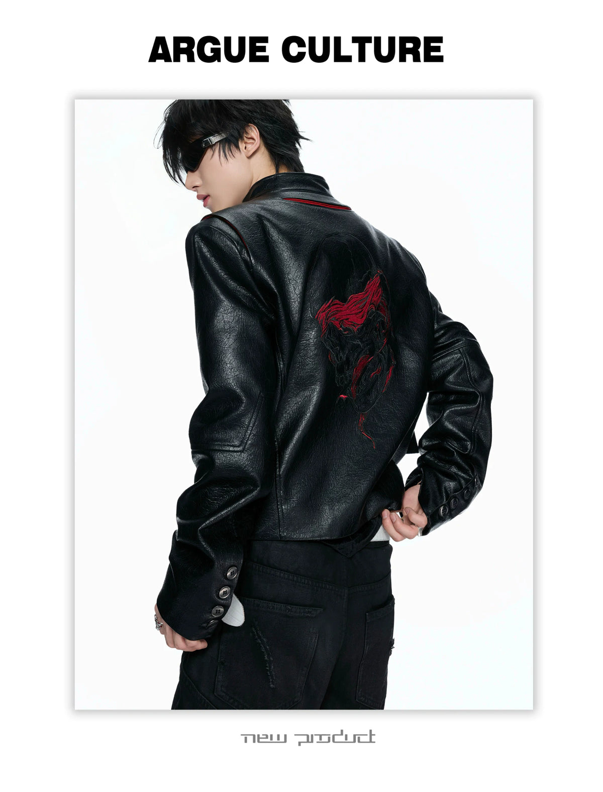 Black-Red Deconstructed Skull PU Stand-Collar Jacket - detail image 12