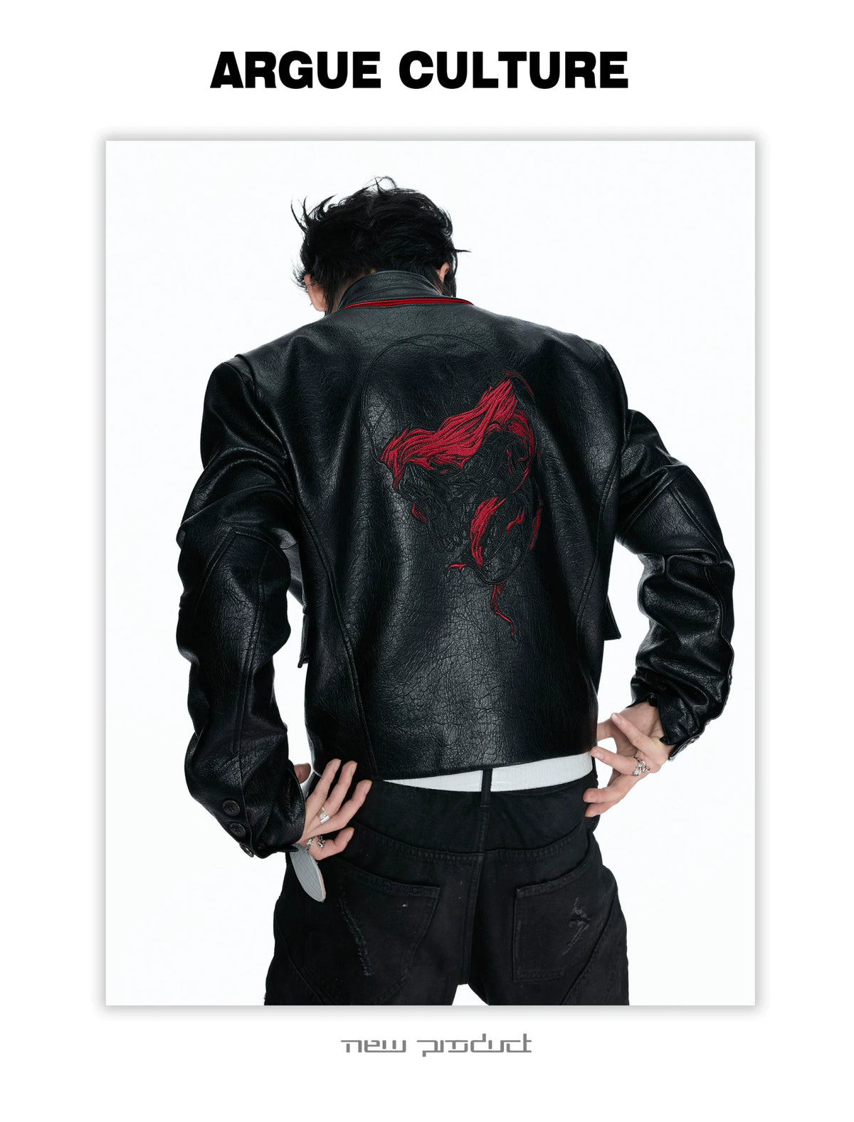 Black-Red Deconstructed Skull PU Stand-Collar Jacket - detail image 16
