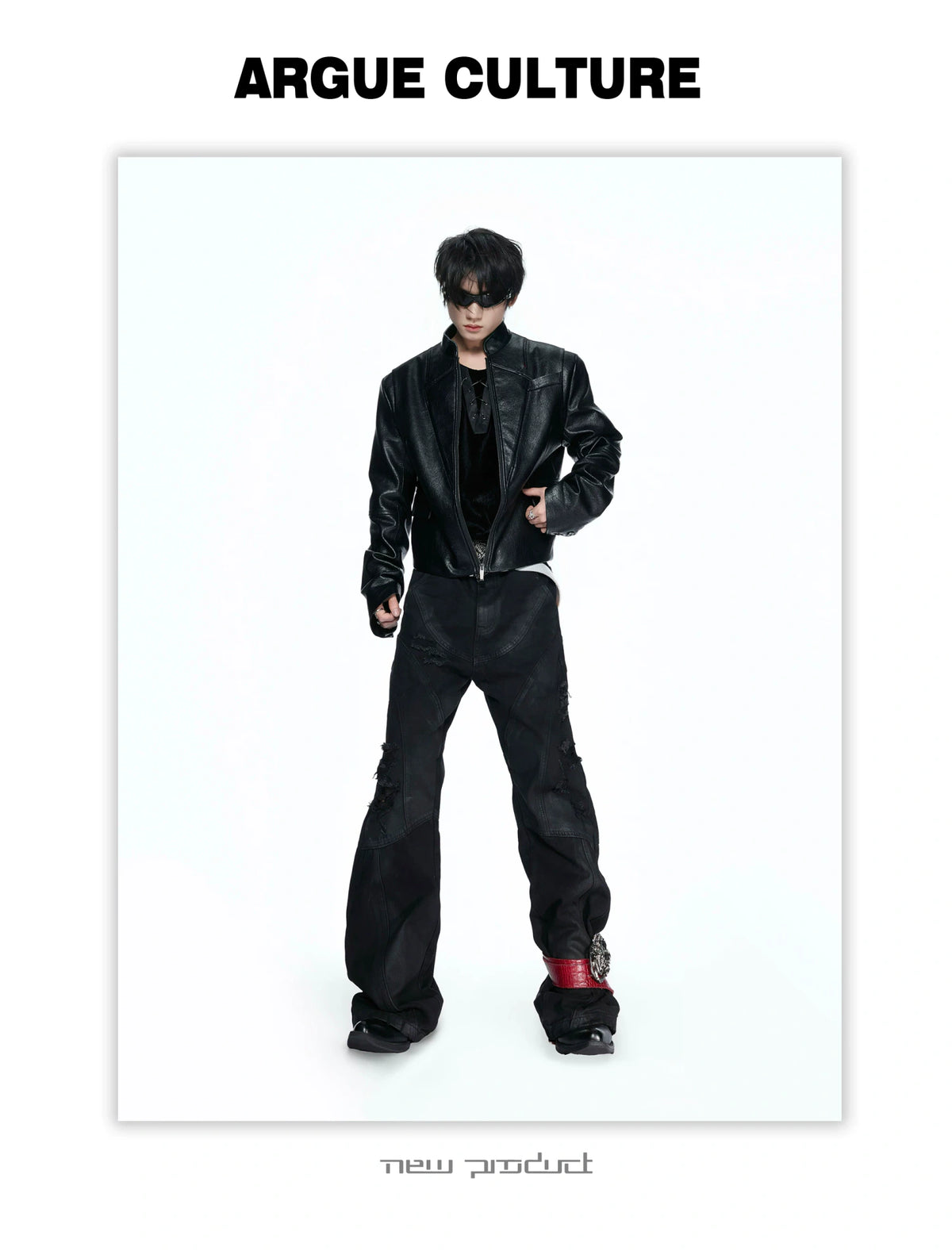 Black-Red Deconstructed Skull PU Stand-Collar Jacket - detail image 7