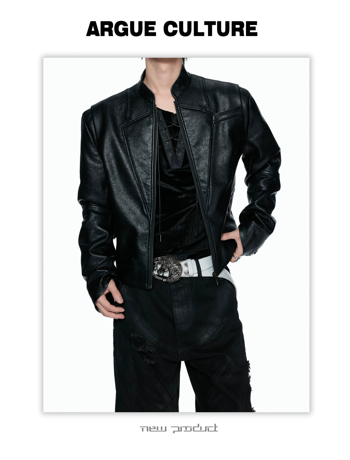 Black-Red Deconstructed Skull PU Stand-Collar Jacket - detail image 14
