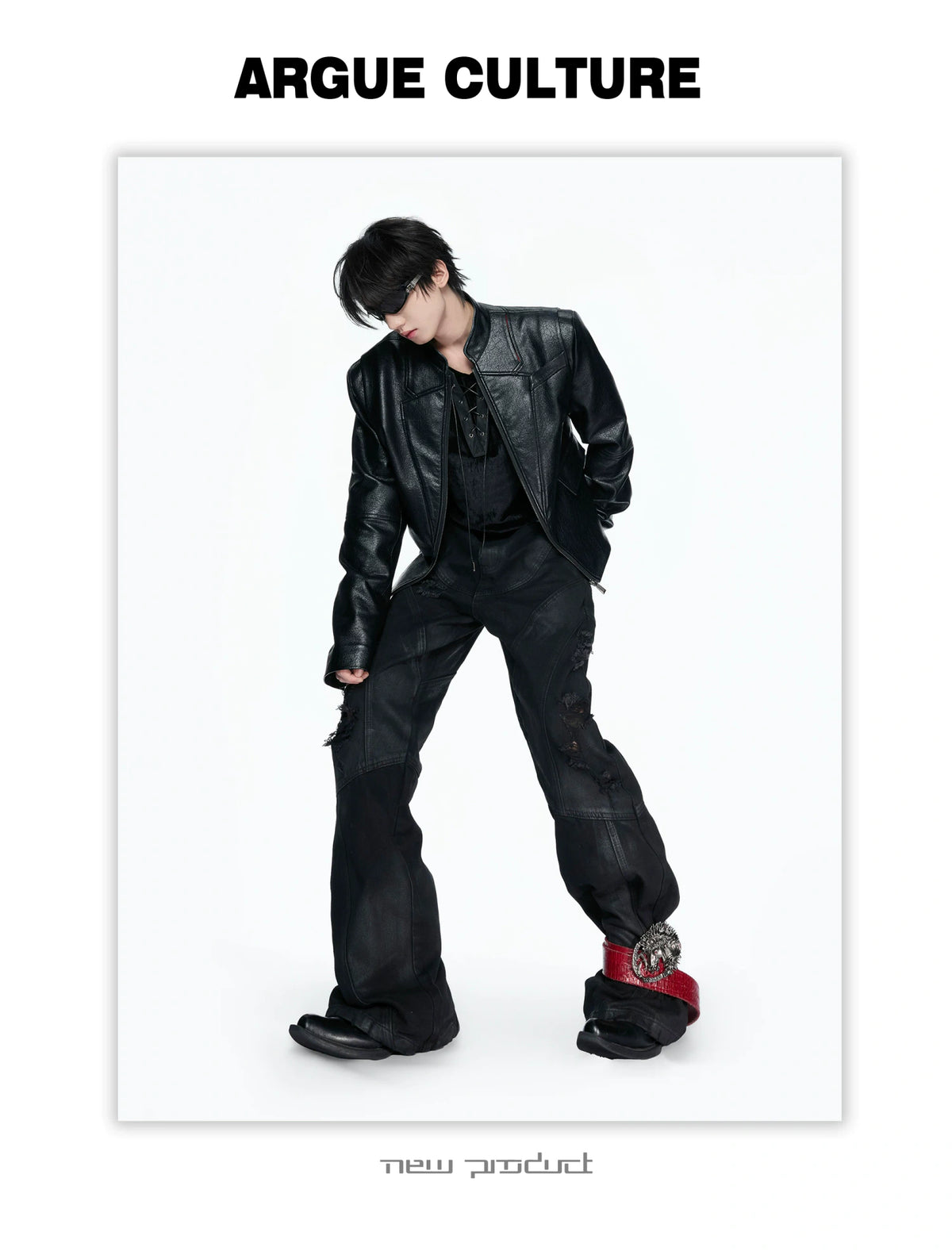 Black-Red Deconstructed Skull PU Stand-Collar Jacket - detail image 9