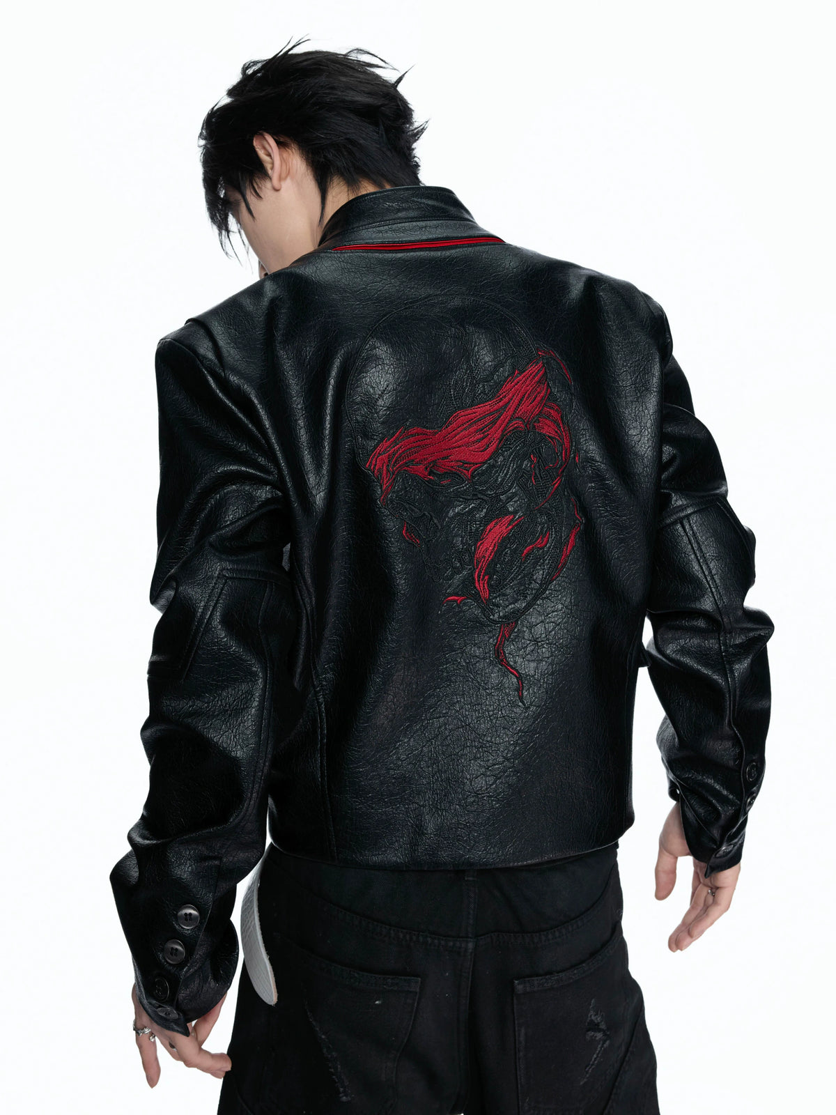 Black-Red Deconstructed Skull PU Stand-Collar Jacket - main image 3