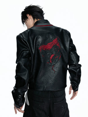 Black-Red Deconstructed Skull PU Stand-Collar Jacket - main image 3