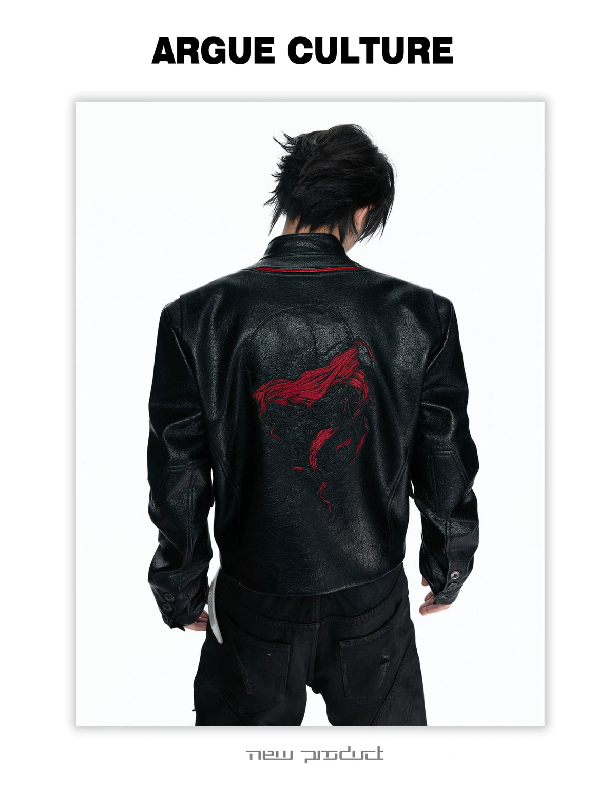 Black-Red Deconstructed Skull PU Stand-Collar Jacket - detail image 18