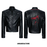 Black-Red Deconstructed Skull PU Stand-Collar Jacket - Black
