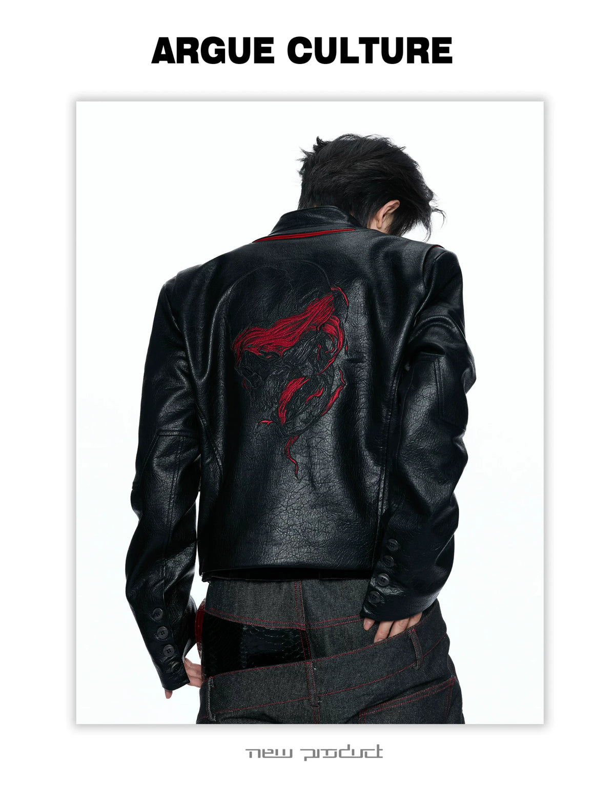 Black-Red Deconstructed Skull PU Stand-Collar Jacket - detail image 3
