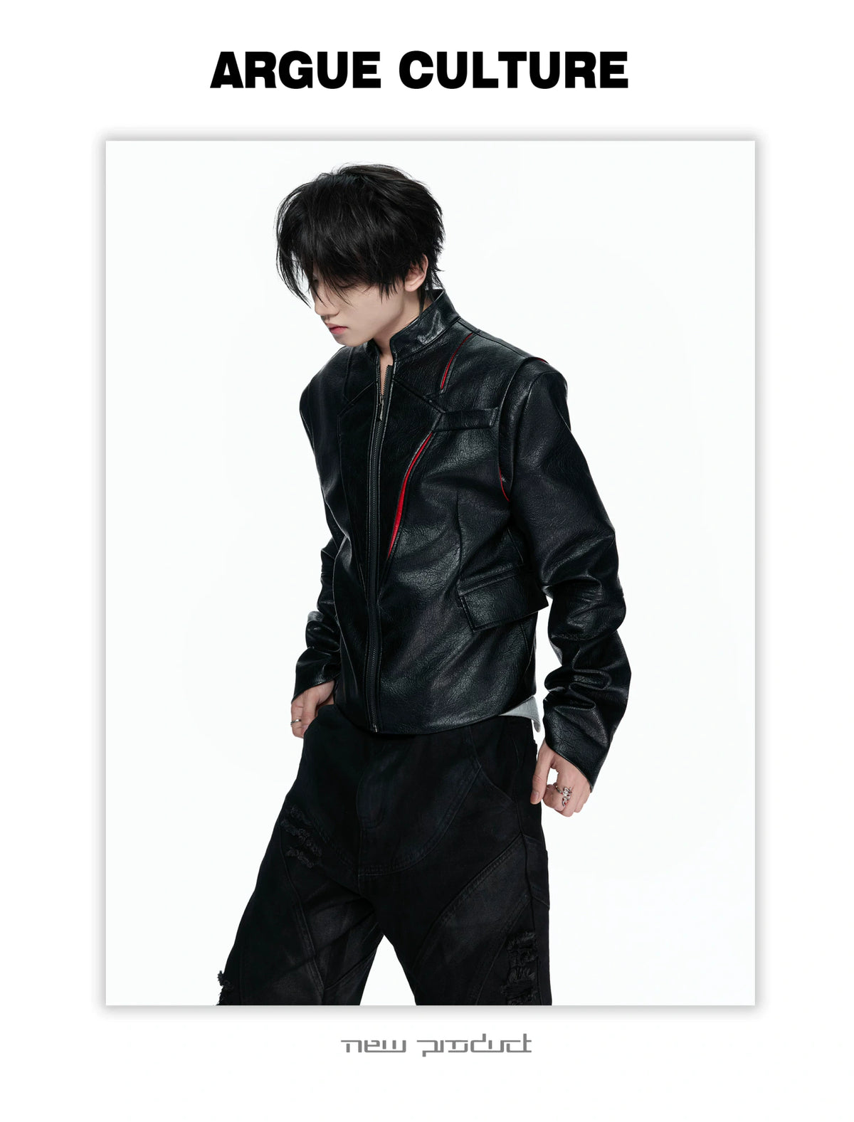 Black-Red Deconstructed Skull PU Stand-Collar Jacket - detail image 10