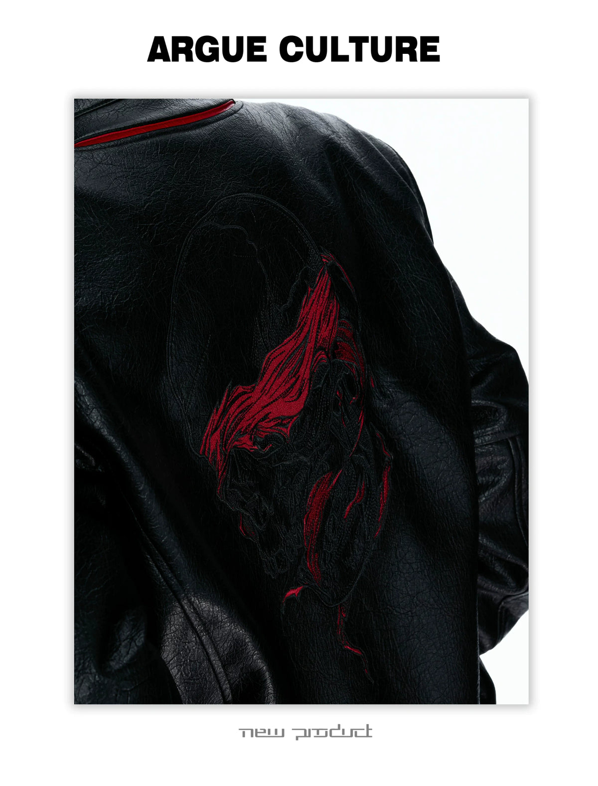 Black-Red Deconstructed Skull PU Stand-Collar Jacket - detail image 19