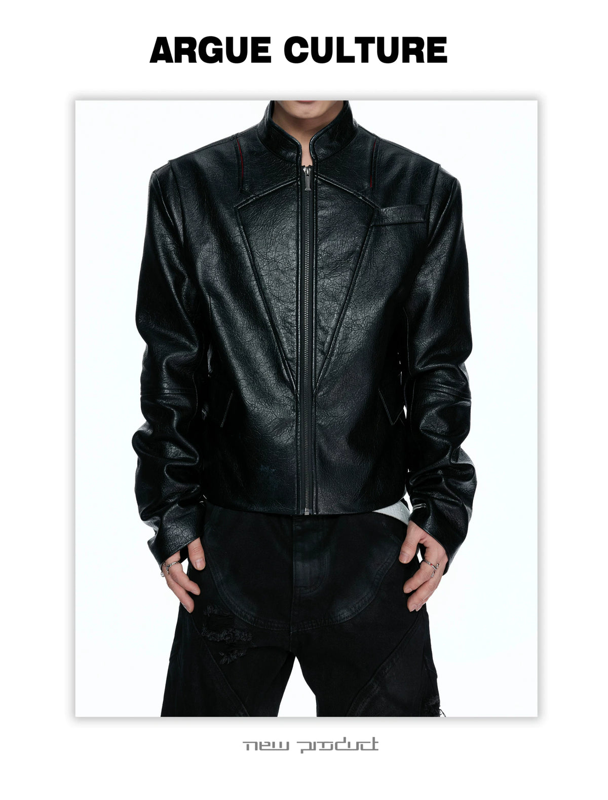 Black-Red Deconstructed Skull PU Stand-Collar Jacket - detail image 4