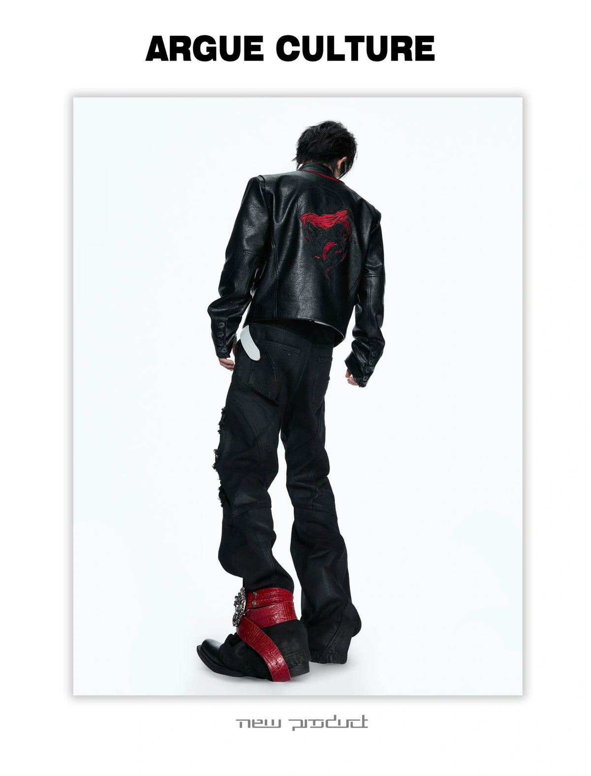Black-Red Deconstructed Skull PU Stand-Collar Jacket - detail image 11