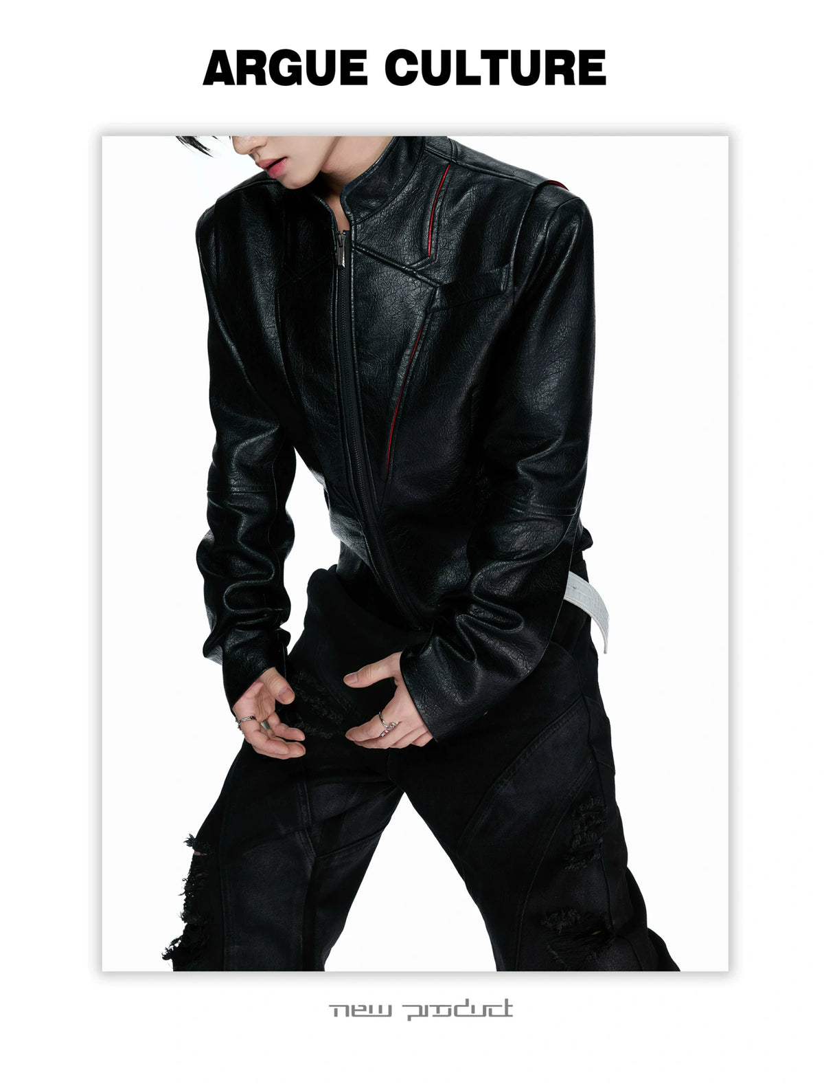 Black-Red Deconstructed Skull PU Stand-Collar Jacket - detail image 5