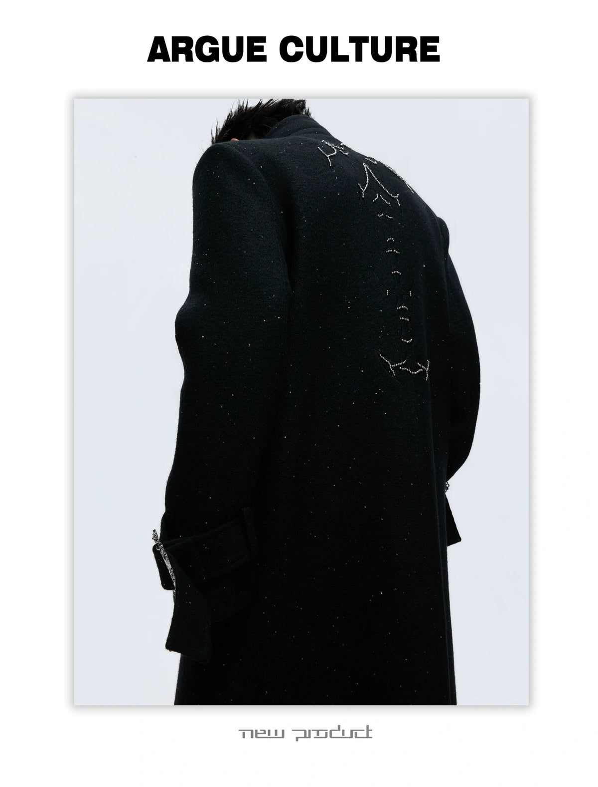Black Sequin-Accent Cinched Long Blazer Coat | Wool Blend - detail image 3