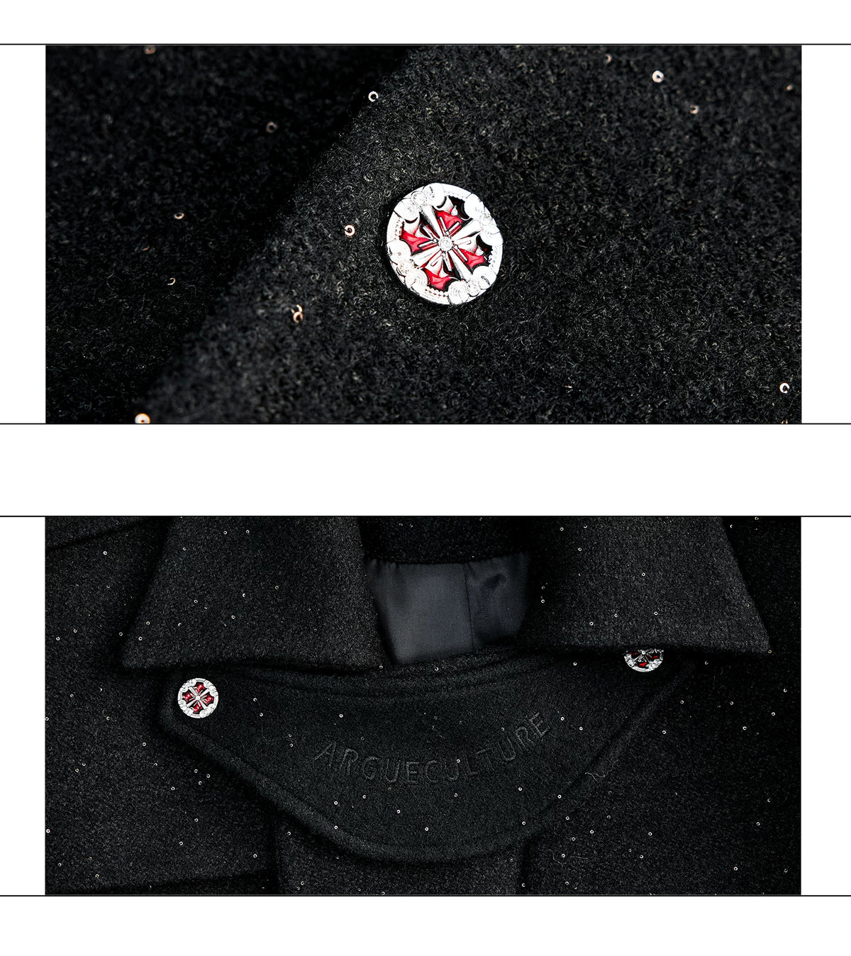 Black Sequin-Accent Cinched Long Blazer Coat | Wool Blend - detail image 14