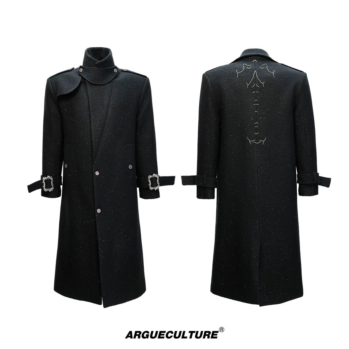 Black Sequin-Accent Cinched Long Blazer Coat | Wool Blend - Black