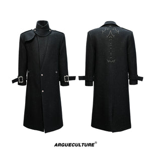 Black Sequin-Accent Cinched Long Blazer Coat | Wool Blend - Black