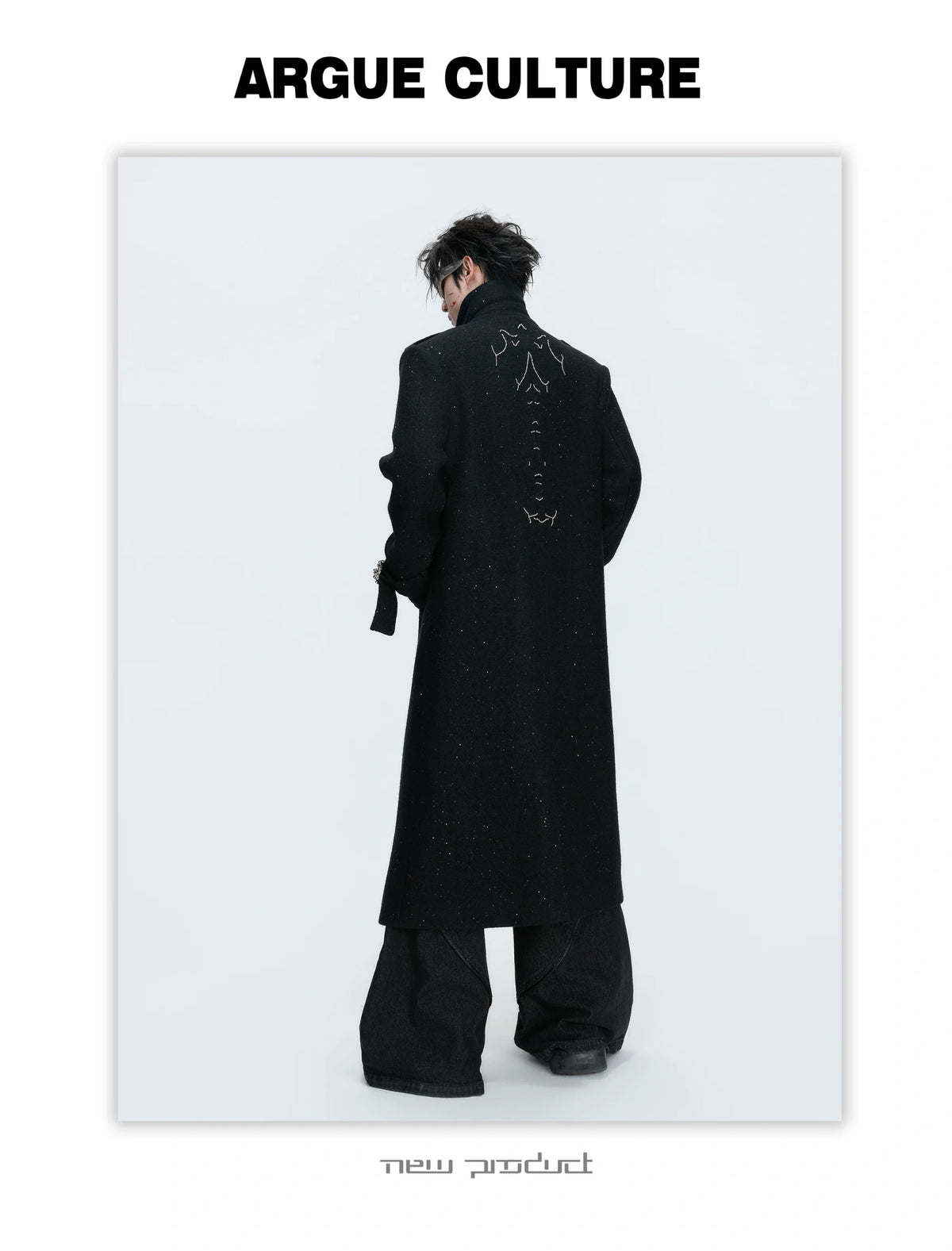 Black Sequin-Accent Cinched Long Blazer Coat | Wool Blend - detail image 8
