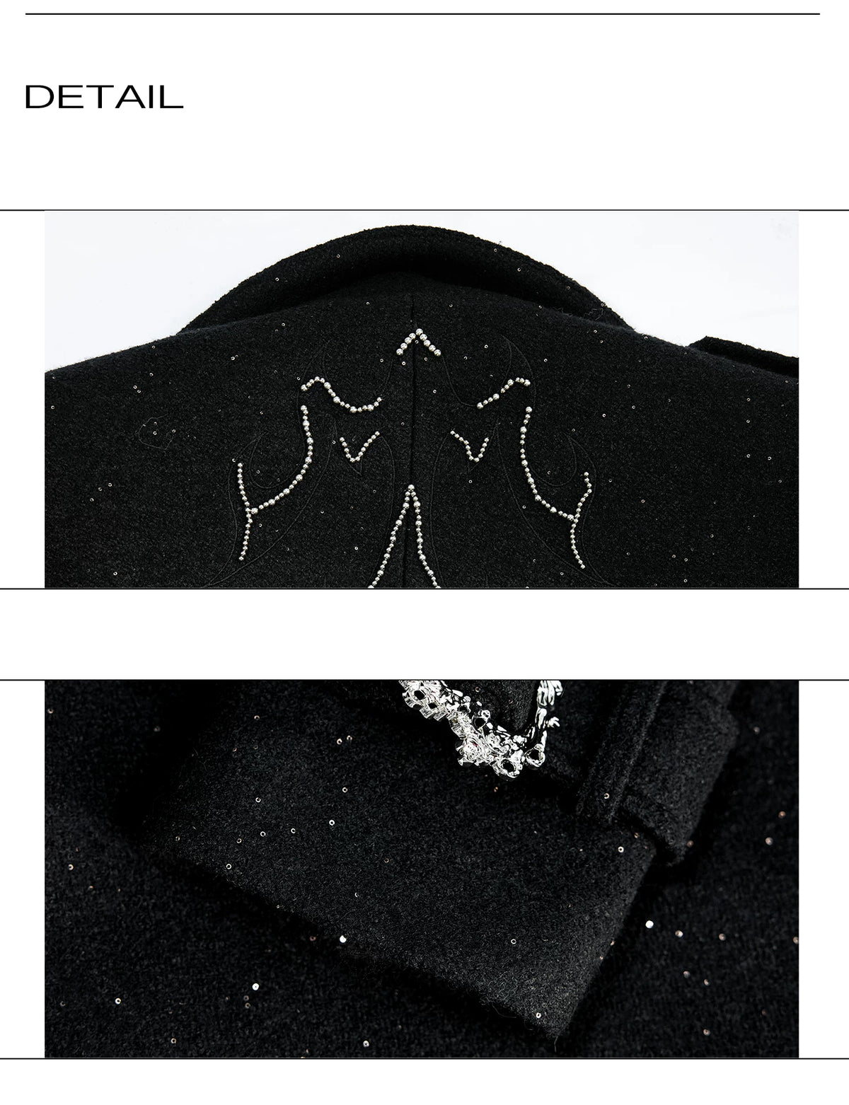 Black Sequin-Accent Cinched Long Blazer Coat | Wool Blend - detail image 13