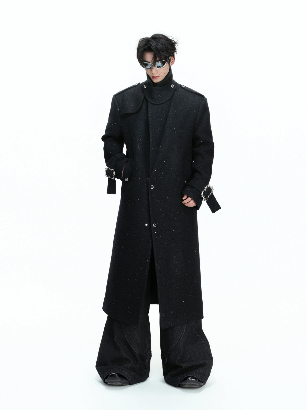 Black Sequin-Accent Cinched Long Blazer Coat | Wool Blend - main image 1