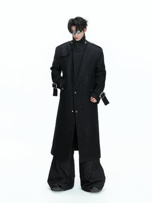 Black Sequin-Accent Cinched Long Blazer Coat | Wool Blend - main image 1