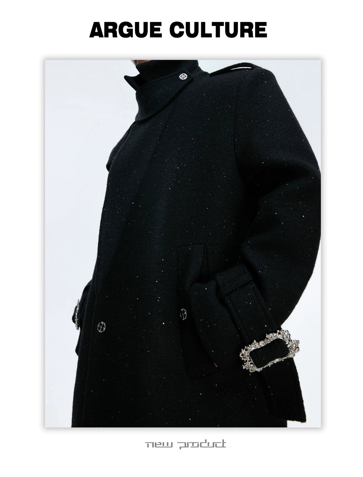 Black Sequin-Accent Cinched Long Blazer Coat | Wool Blend - detail image 11