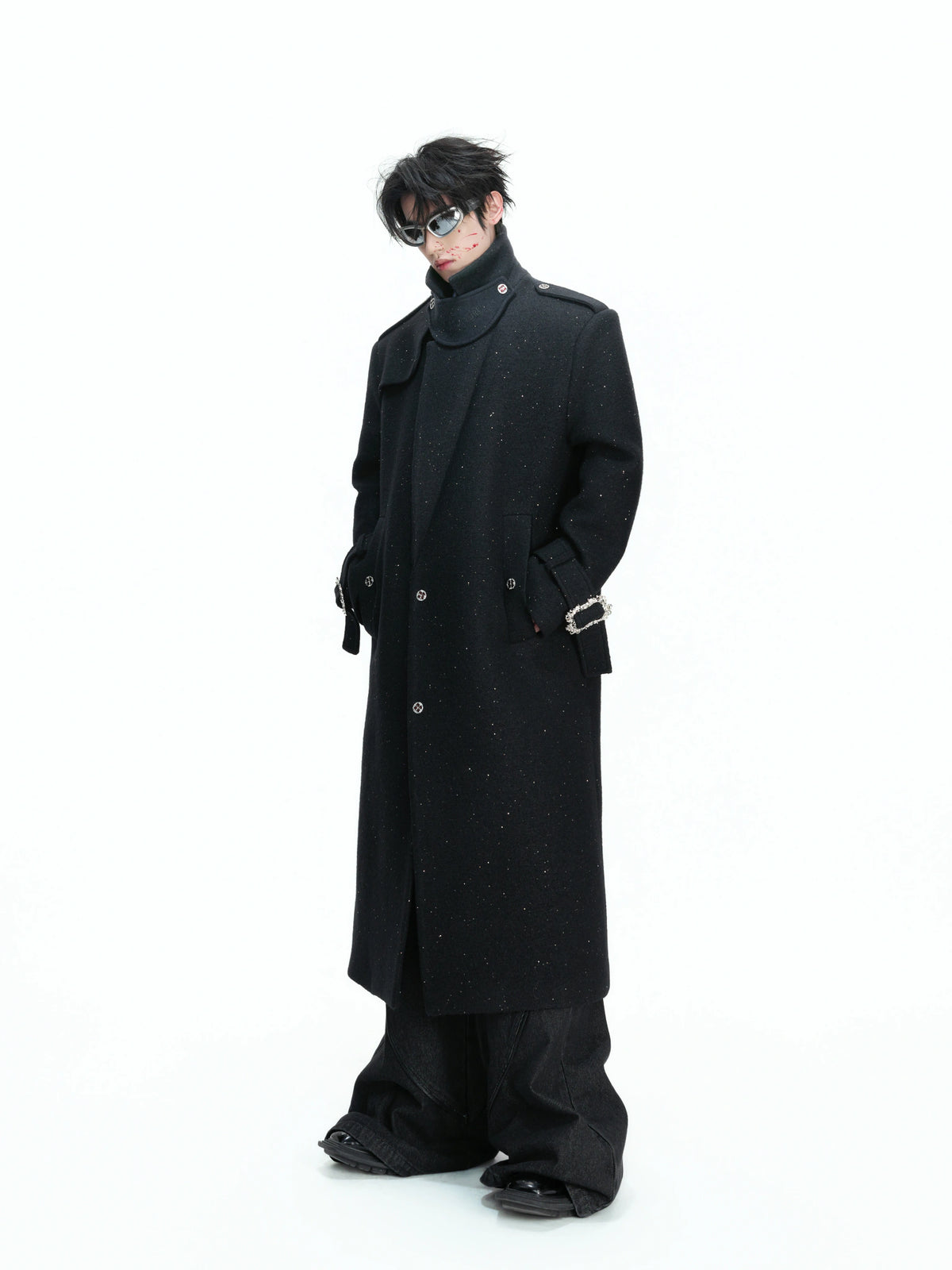 Black Sequin-Accent Cinched Long Blazer Coat | Wool Blend - main image 5