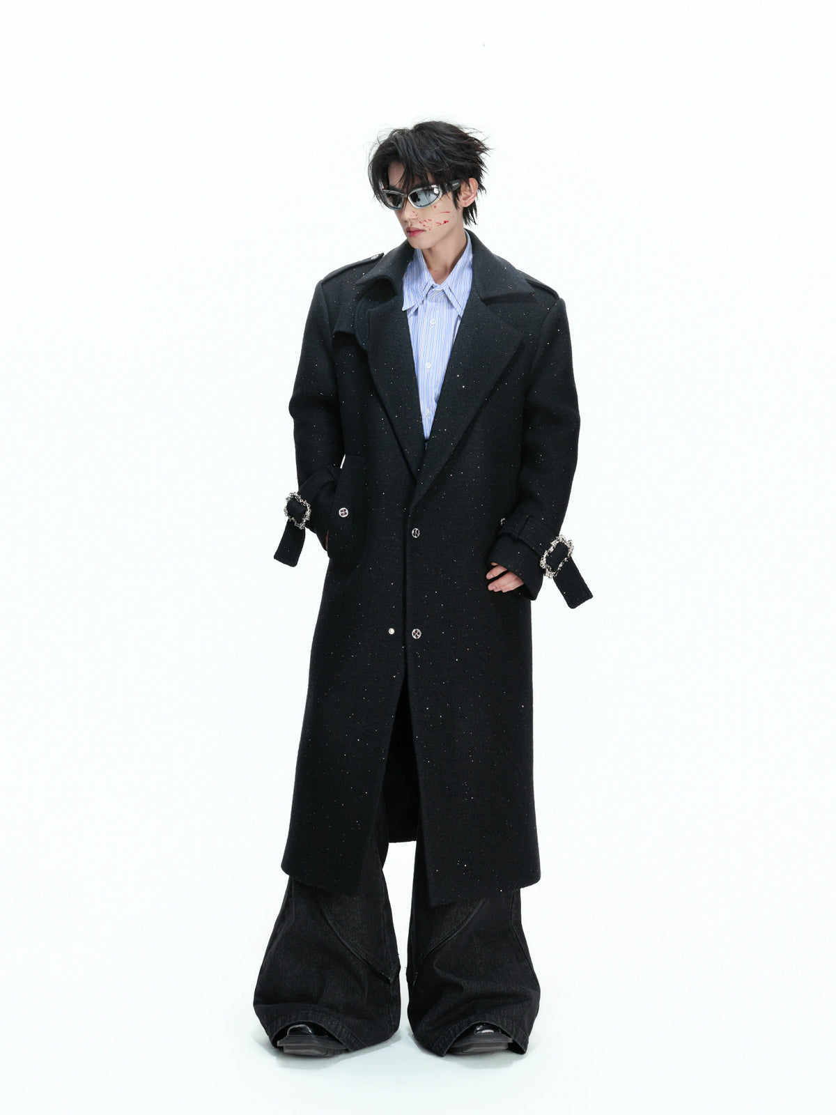 Black Sequin-Accent Cinched Long Blazer Coat | Wool Blend - main image 3