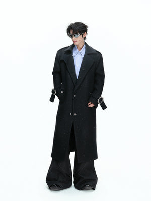 Black Sequin-Accent Cinched Long Blazer Coat | Wool Blend - main image 3