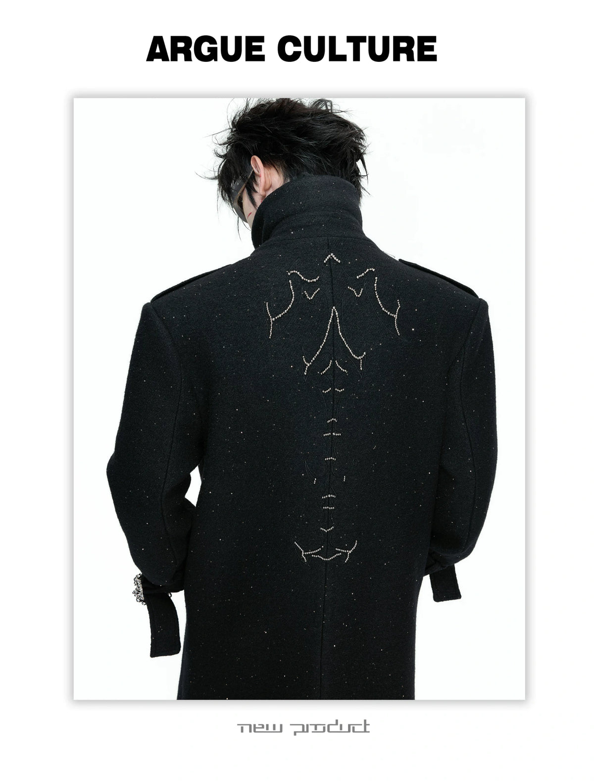Black Sequin-Accent Cinched Long Blazer Coat | Wool Blend - detail image 2