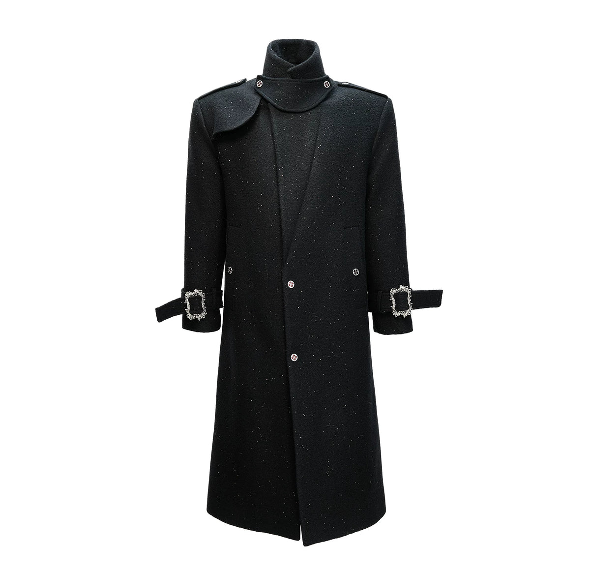 Black Sequin-Accent Cinched Long Blazer Coat | Wool Blend - detail image 12