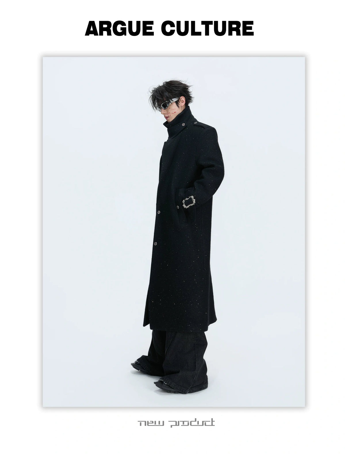 Black Sequin-Accent Cinched Long Blazer Coat | Wool Blend - detail image 7