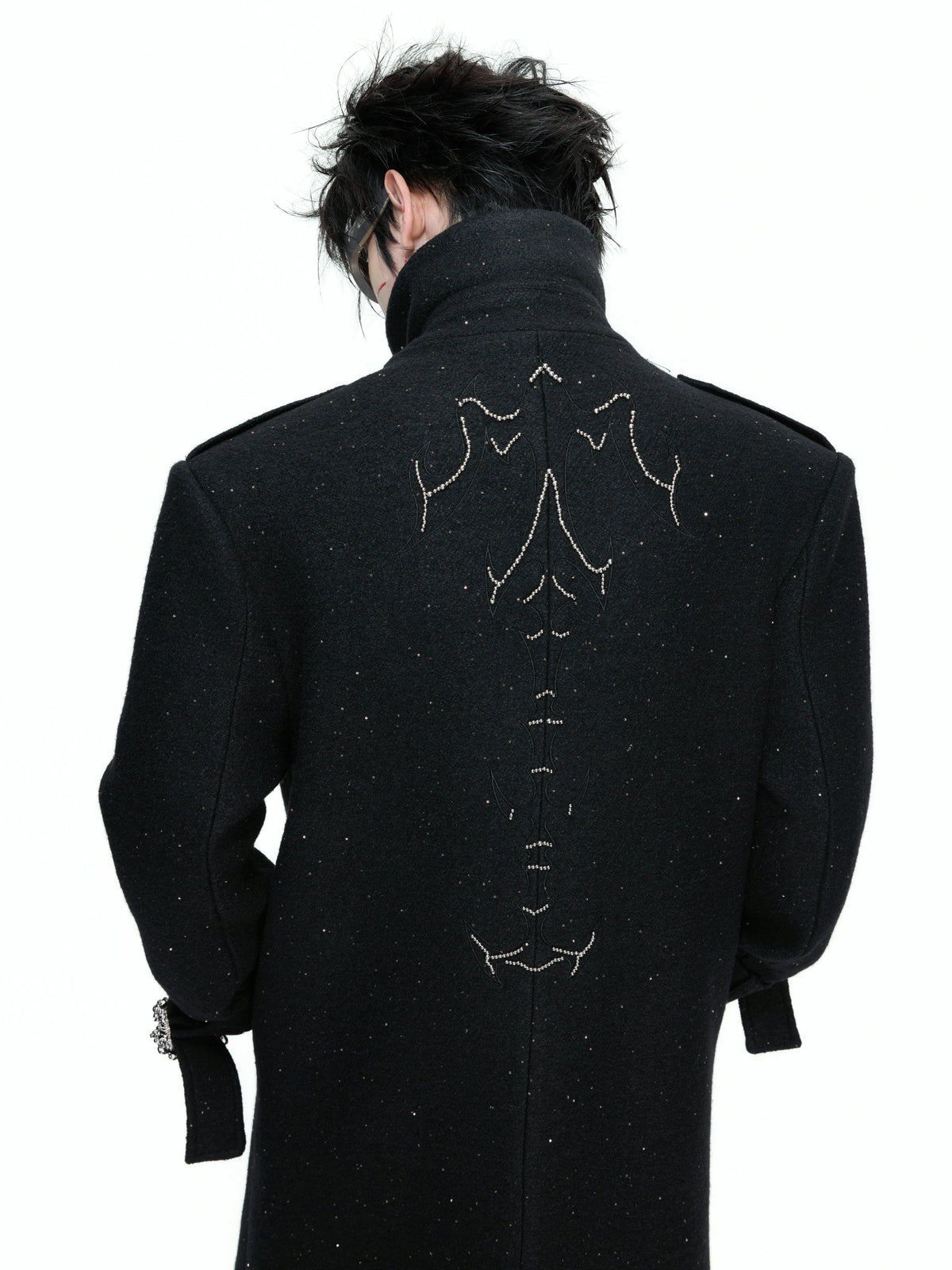 Black Sequin-Accent Cinched Long Blazer Coat | Wool Blend - main image 4