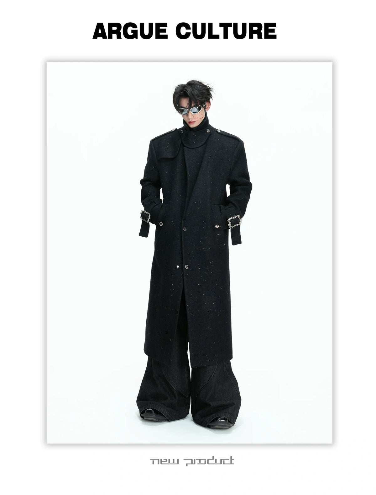 Black Sequin-Accent Cinched Long Blazer Coat | Wool Blend - detail image 5