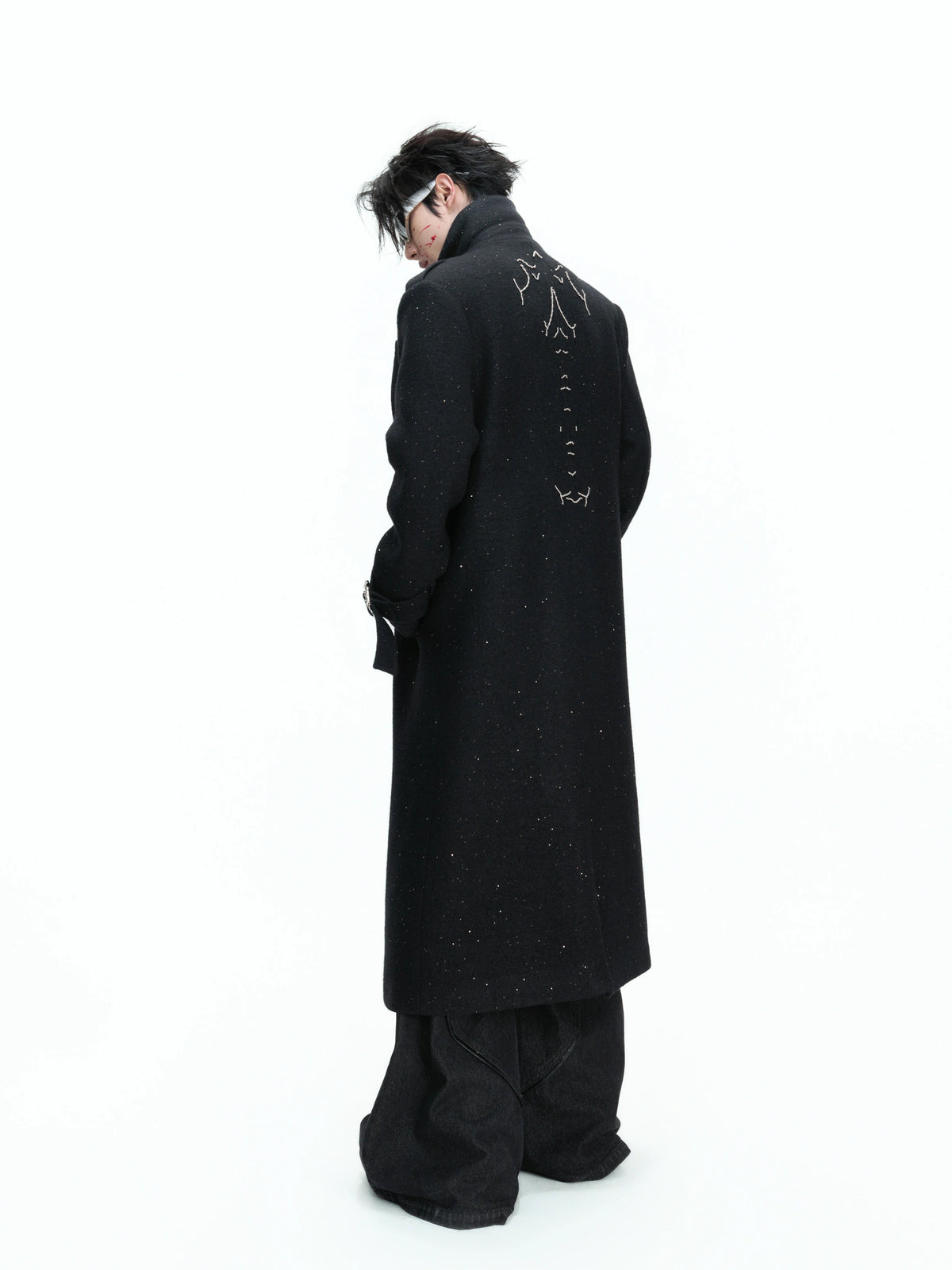 Black Sequin-Accent Cinched Long Blazer Coat | Wool Blend - main image 2