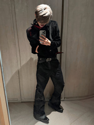 Black Stardust Suede Jacket, Stand Collar & Embroidery - main image 2
