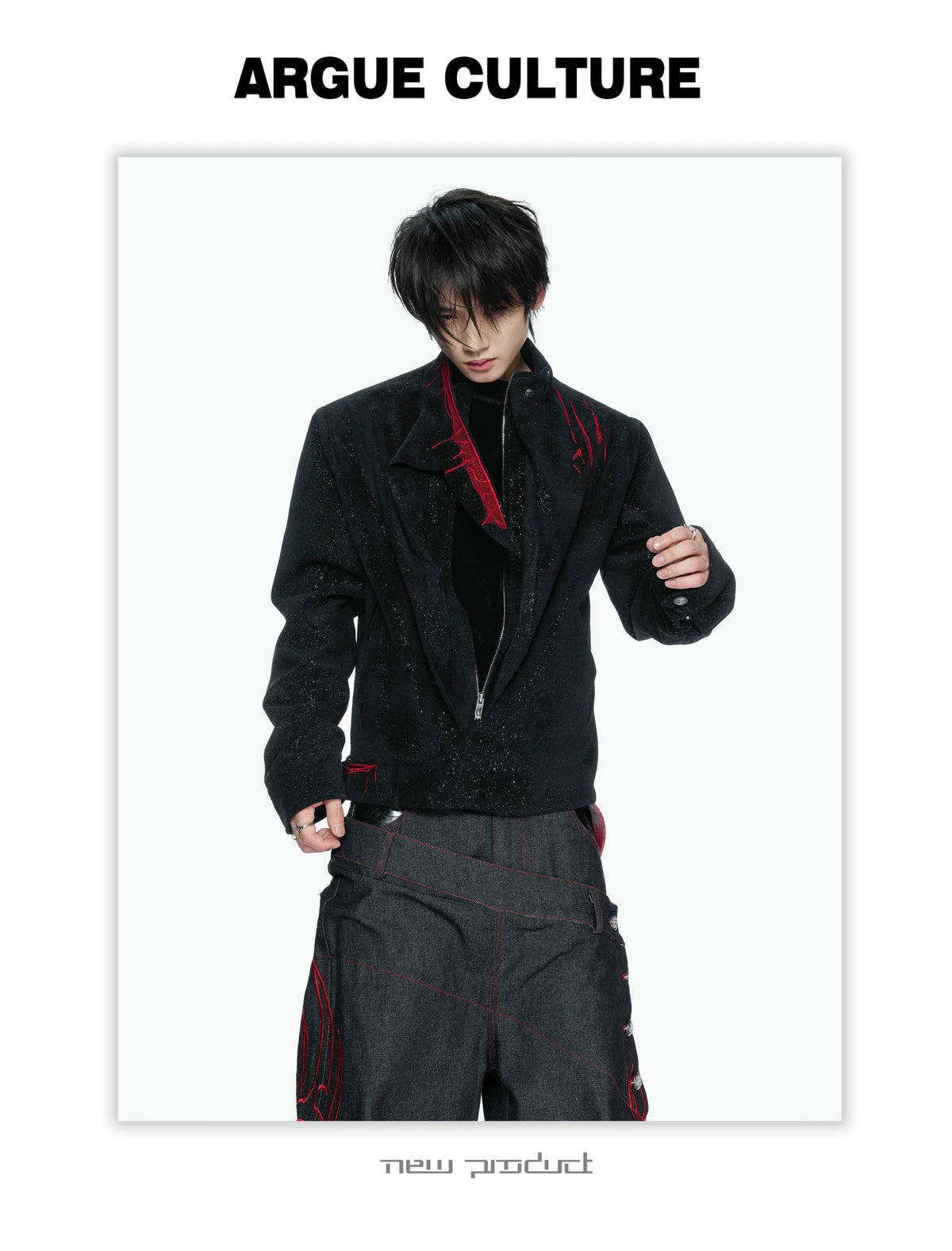Black Stardust Suede Jacket, Stand Collar & Embroidery - detail image 11