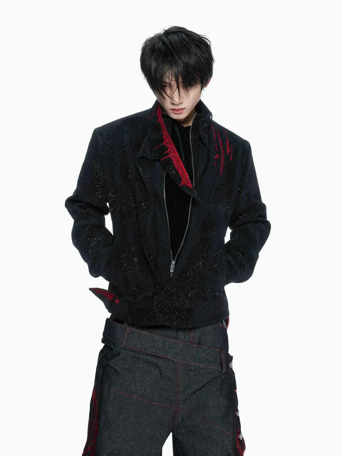 Black Stardust Suede Jacket, Stand Collar & Embroidery - main image 1