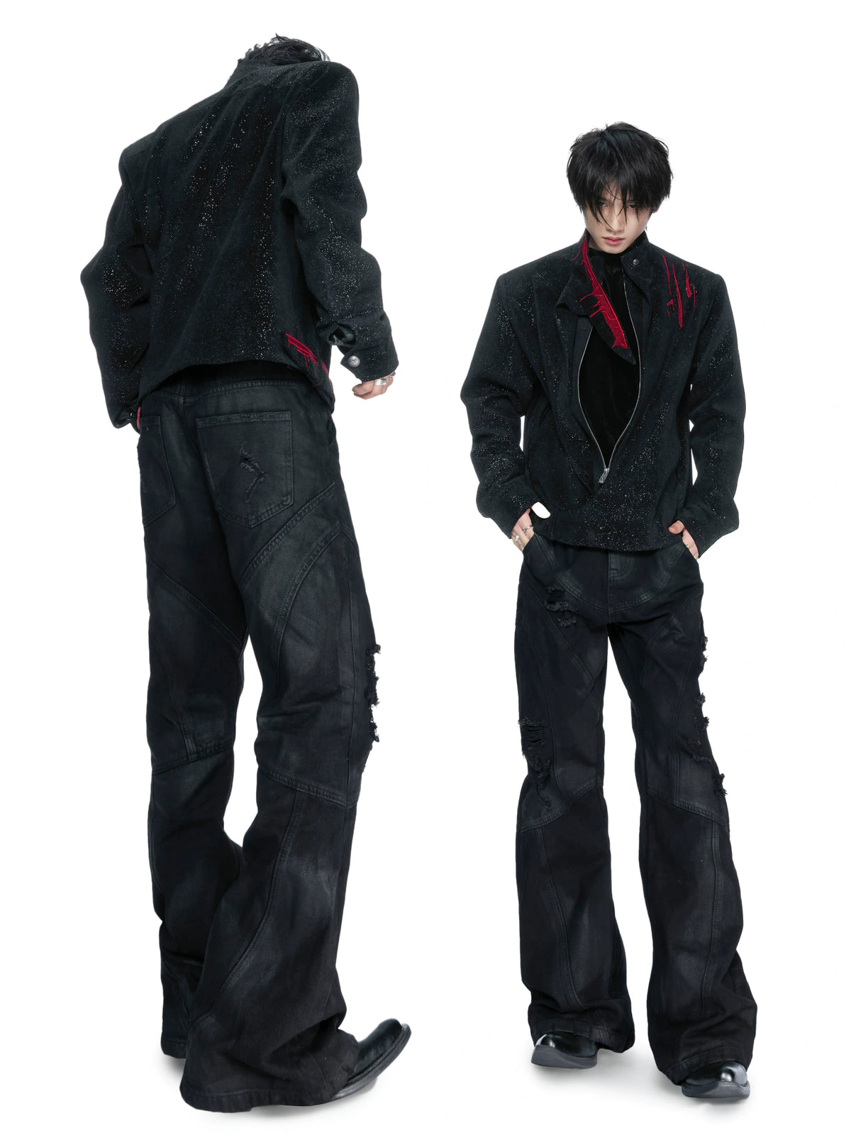 Black Stardust Suede Jacket, Stand Collar & Embroidery - main image 3