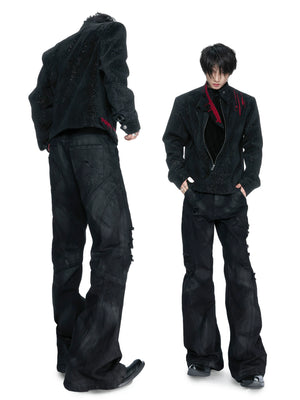 Black Stardust Suede Jacket, Stand Collar & Embroidery - main image 3