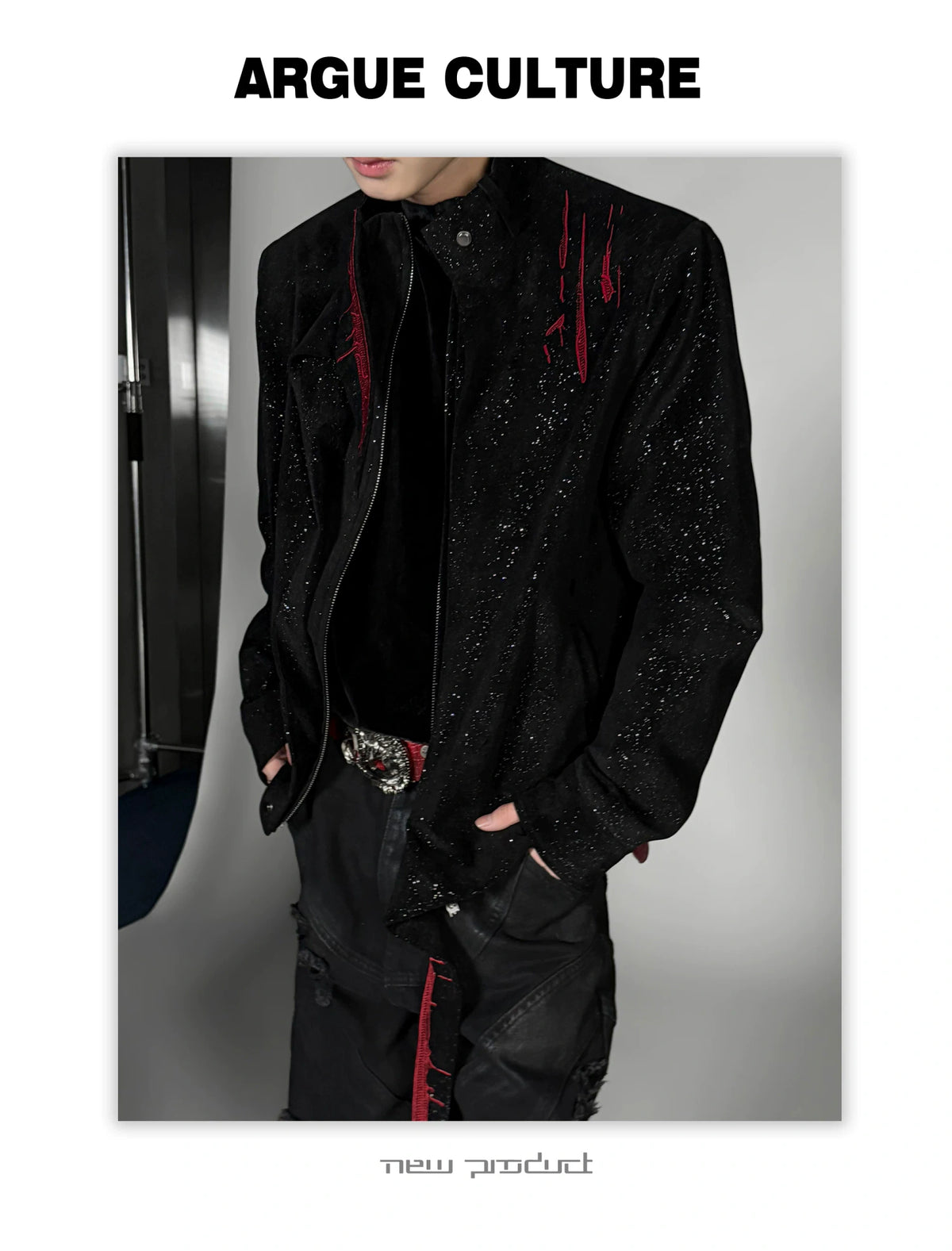 Black Stardust Suede Jacket, Stand Collar & Embroidery - detail image 3